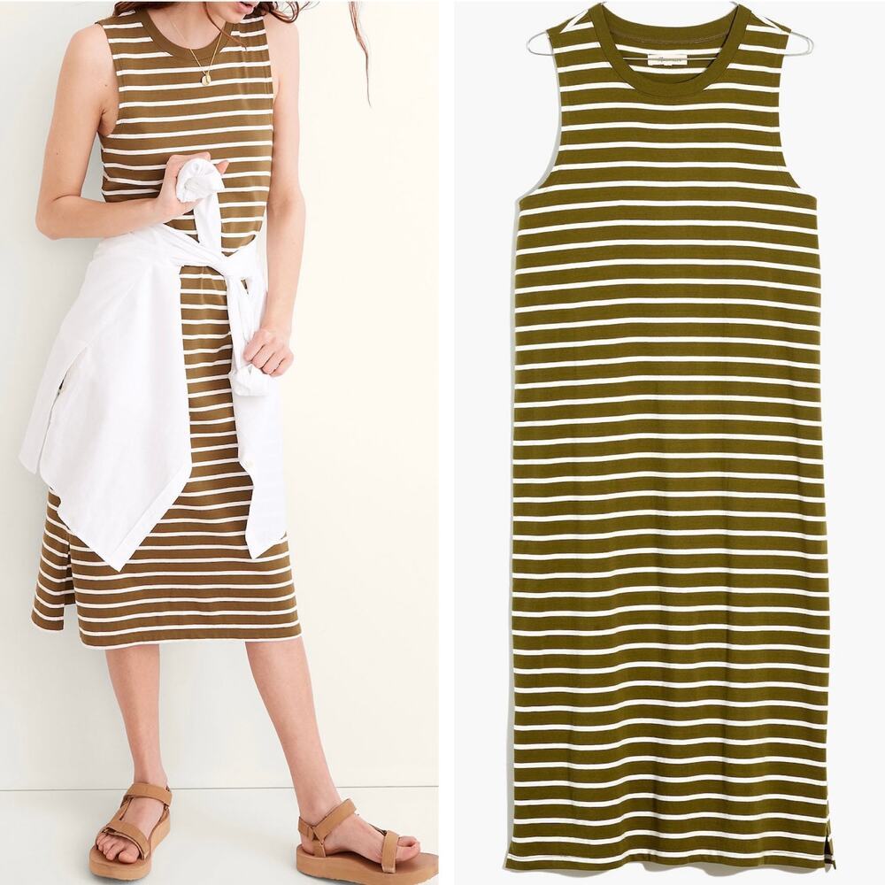 Madewell Olive and White Striped Midi Dress